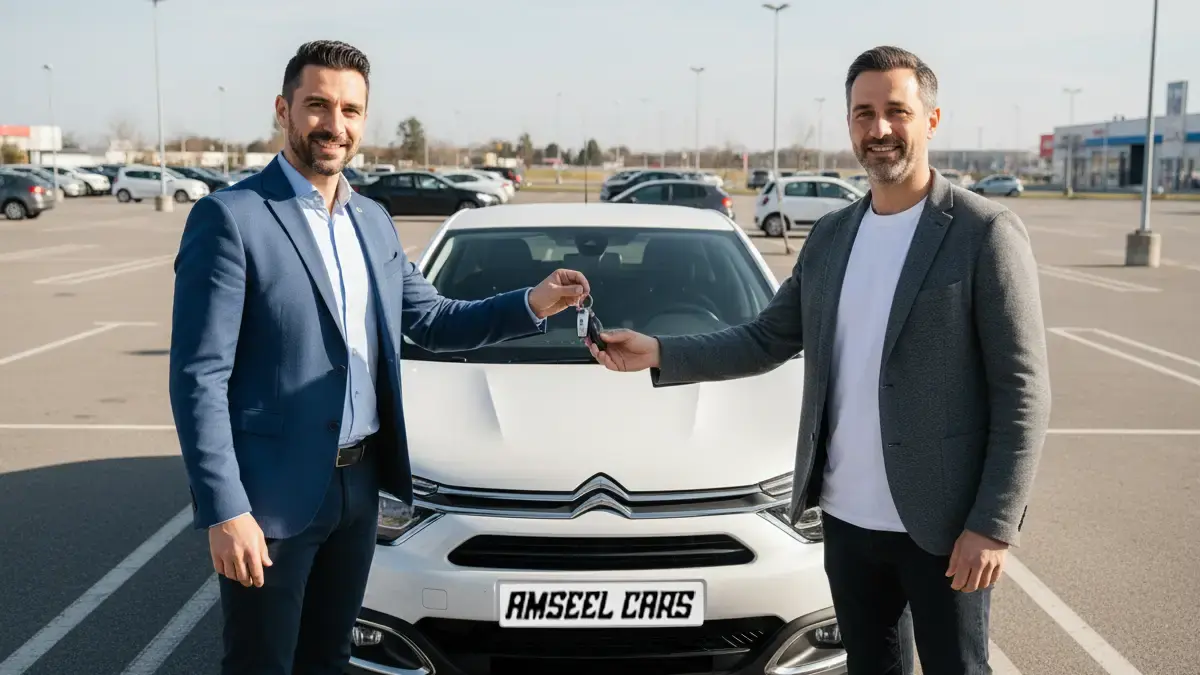 Agent de location remettant les clés à un client devant une Citroën blanche sur un parking à Agadir pour louer une voiture