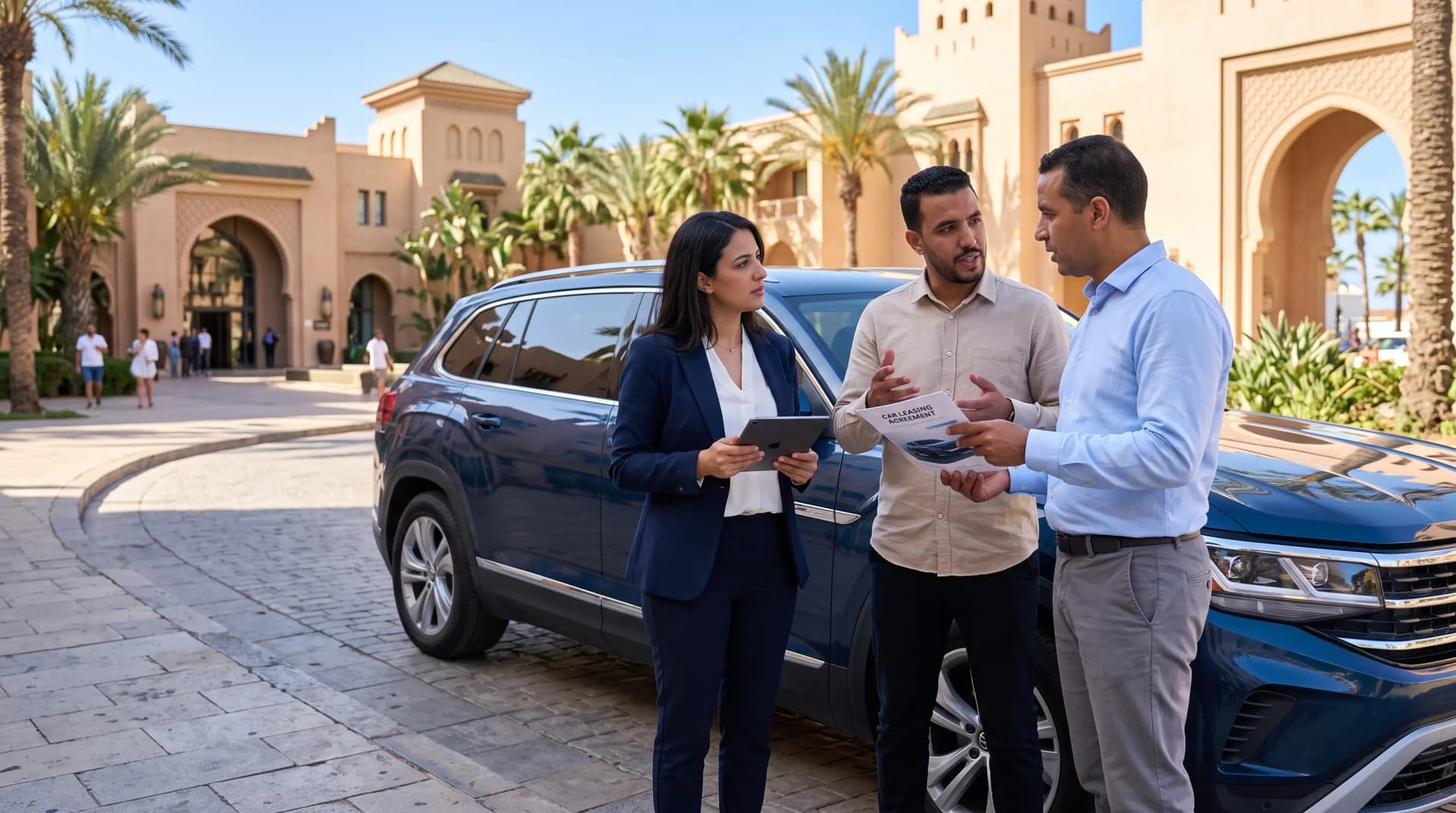 Un groupe de professionnels d'affaires divers discutant des solutions de leasing corporatif tout en examinant un SUV moderne à un point de rencontre extérieur à Agadir, au Maroc, mettant en avant les solutions de leasing corporatif.