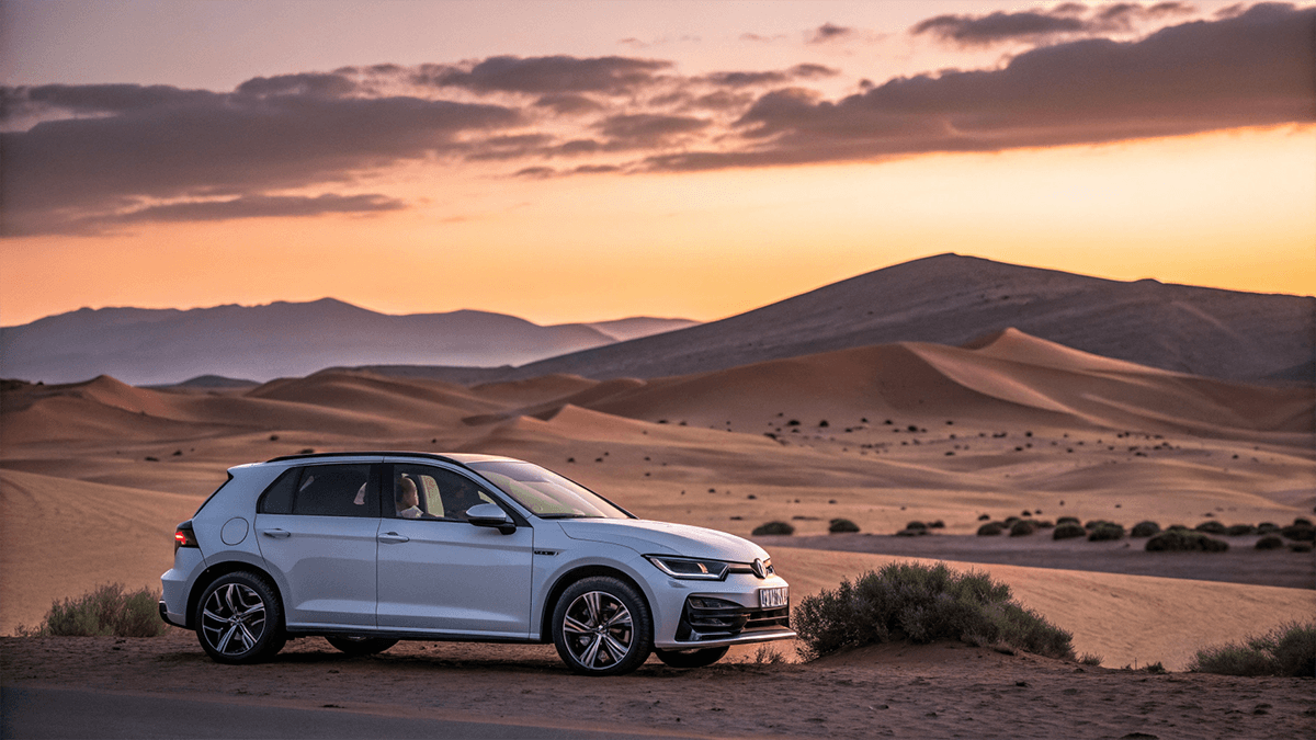 Vue latérale d’une Volkswagen Golf 8 élégante garée devant un paysage de dunes marocaines au coucher du soleil, route sinueuse en arrière-plan, illustrant le style moderne et polyvalent de la Golf 8