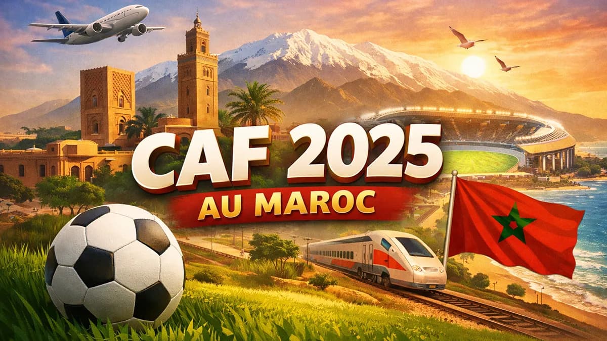 CAF 2025 au Maroc avec stade, drapeau marocain et football