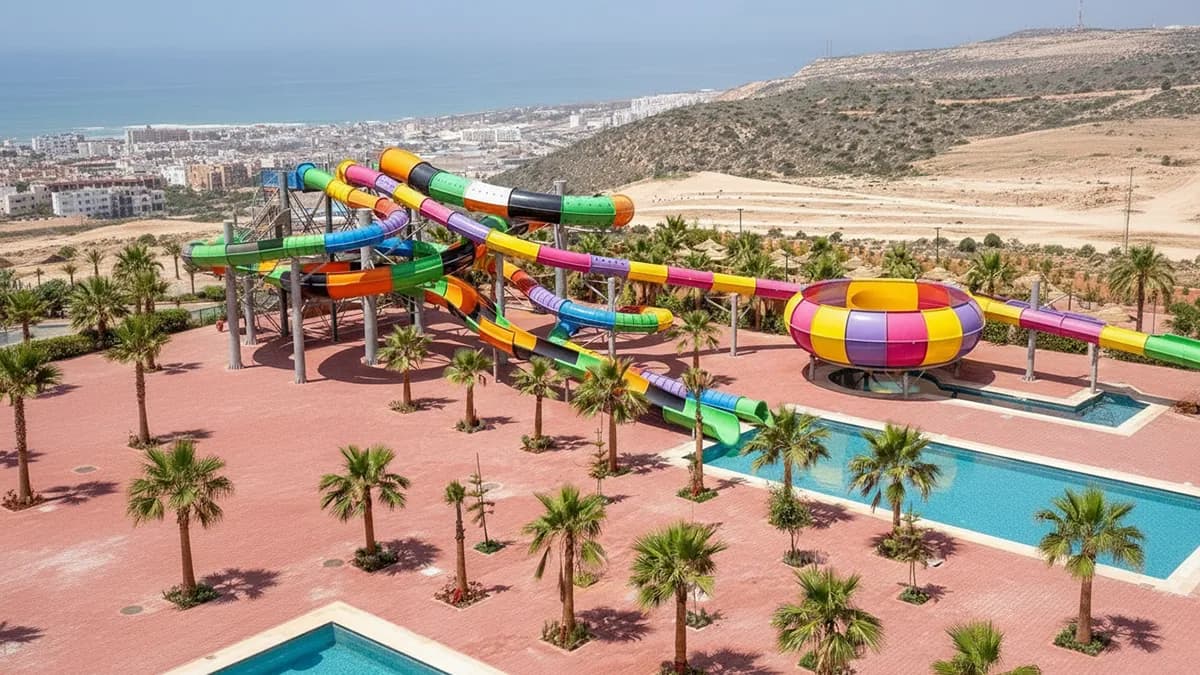 Vue panoramique de danialand montrant le parc au pied de la colline d’Agadir Oufella et la baie d’Agadir en arrière-plan