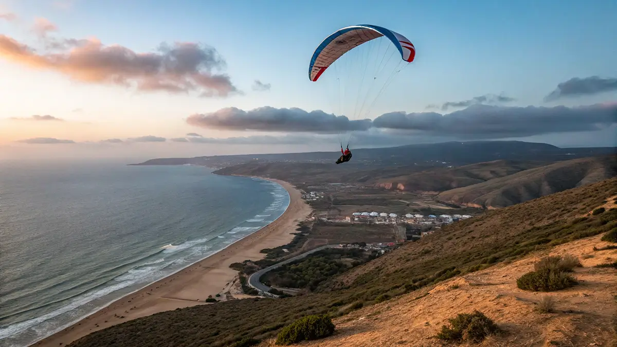 Vol de parapente biplace au dessus d’Agadir avec vue sur l’océan Atlantique, la plage et les collines sous un ciel bleu.