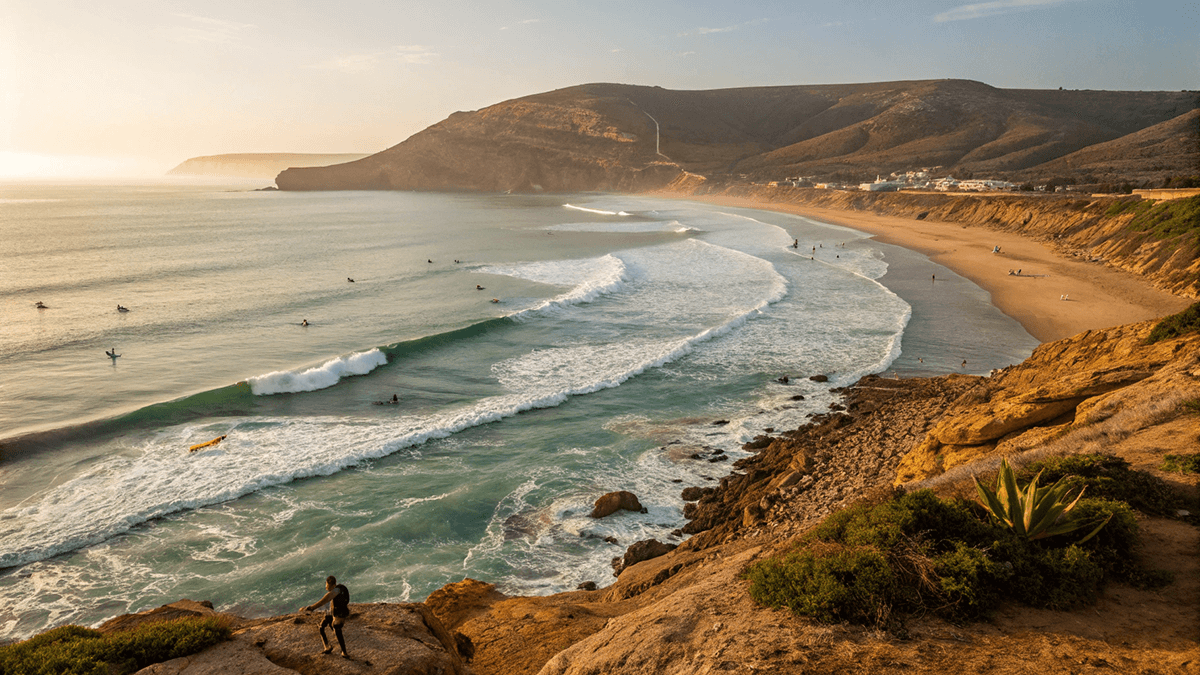 Surfeurs au large d’Agadir sur une vague propre sur la côte atlantique marocaine.