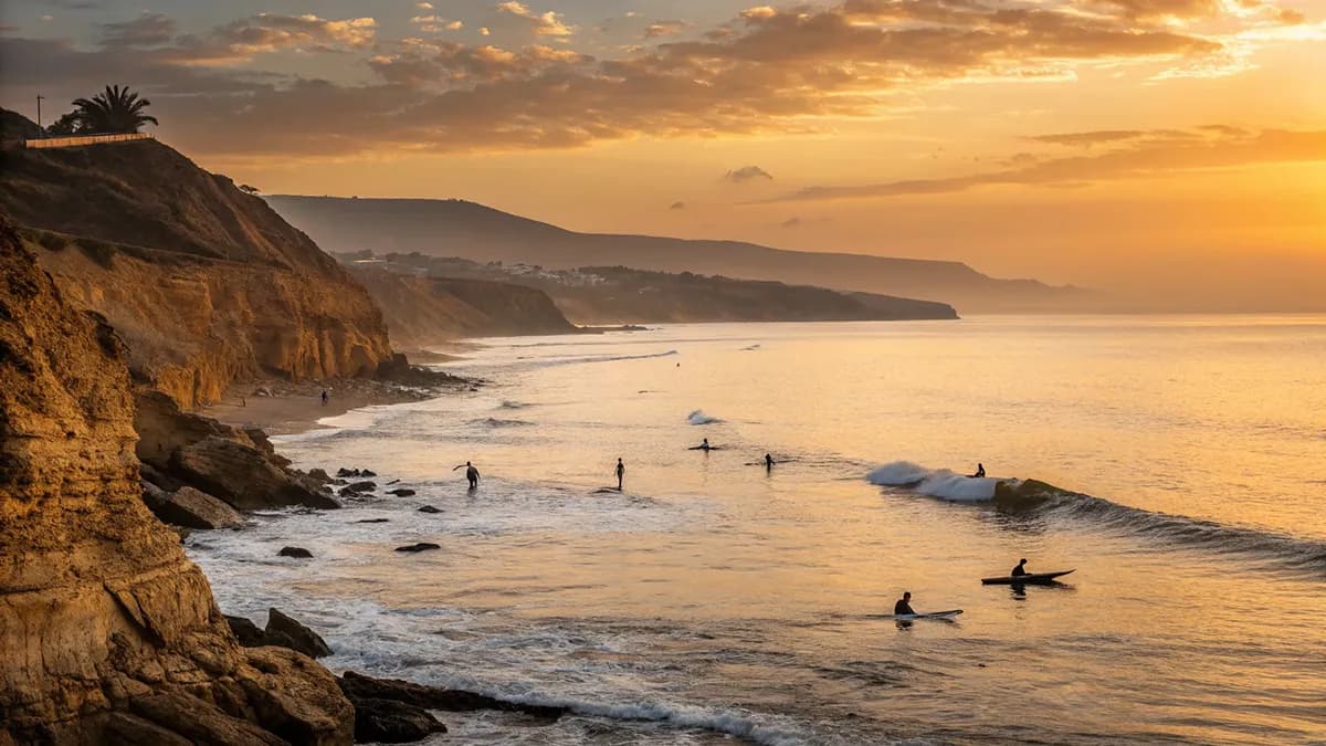 Vue panoramique de la baie de Taghazout avec des surfeurs, des falaises dorées et un ciel aux couleurs du coucher de soleil, Taghazout