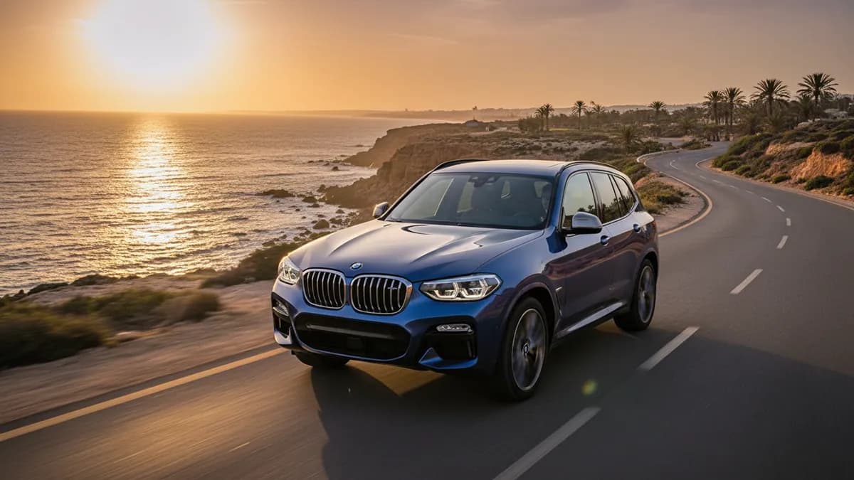 Vue latérale d'une BMW X3 Pack M en mouvement sur une route côtière près d'Agadir, éclairage matinal, paysage atlantique en arrière-plan, focus sur le SUV BMW X3 Pack M.
