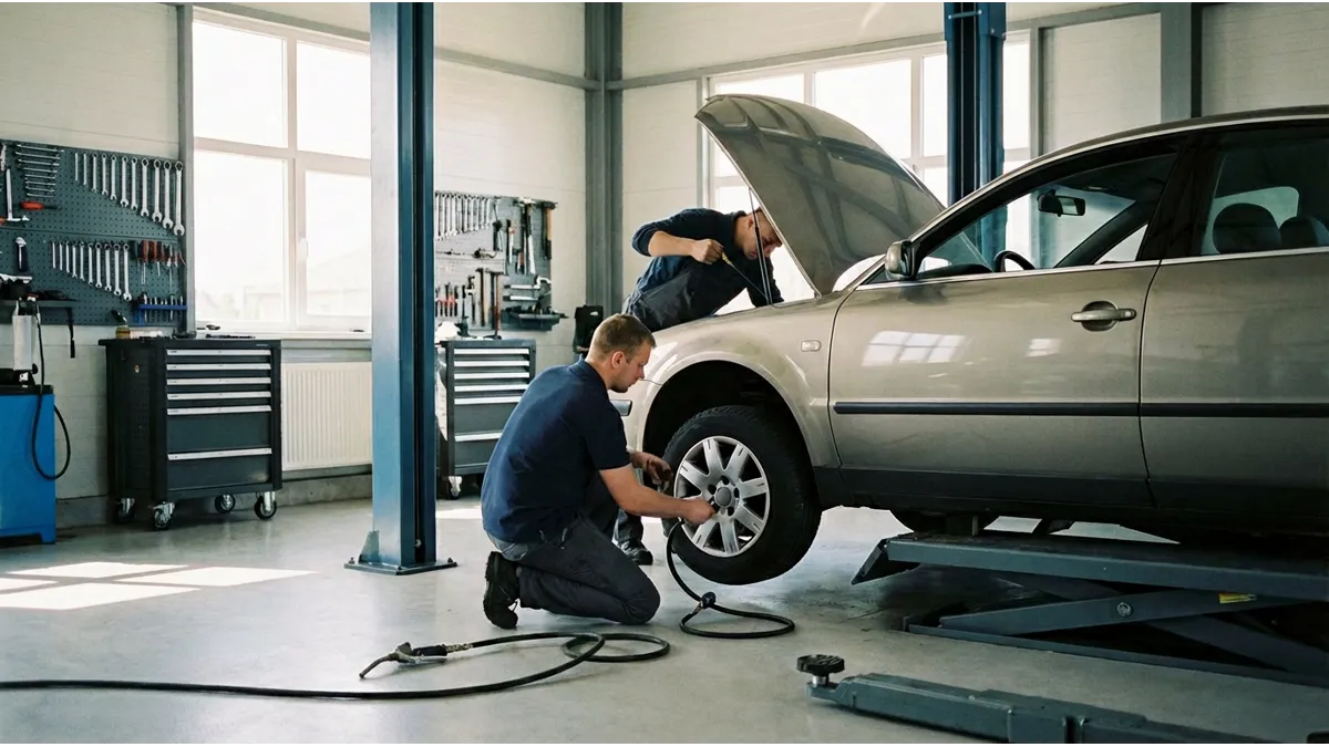 Un mécanicien inspecte la pression des pneus et contrôle les niveaux de liquide de frein et de refroidissement d’une voiture dans un atelier, illustrant l’importance de l’entretien automobile