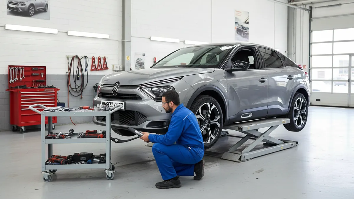 Vue avant d'une Citroën C4 Essence 2024 sur une route côtière marocaine avec palmiers et montagnes en arrière-plan. Focus keyword: Citroën C4
