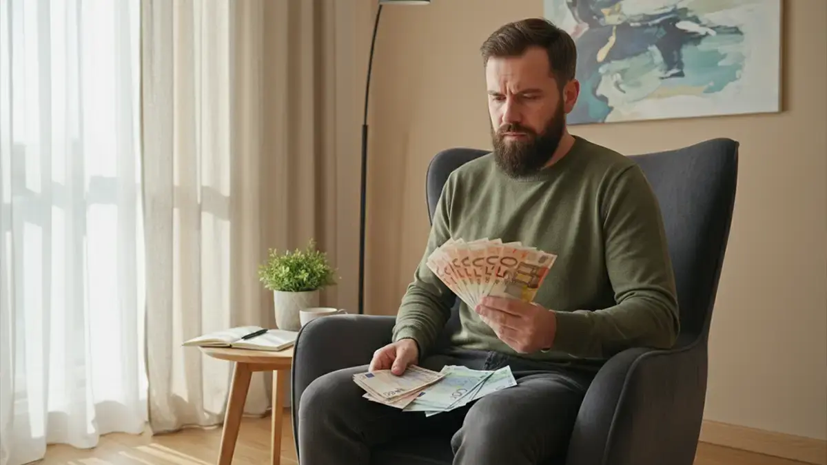 Homme assis dans un fauteuil comptant des billets en euros, préparation du budget de voyage à Agadir.