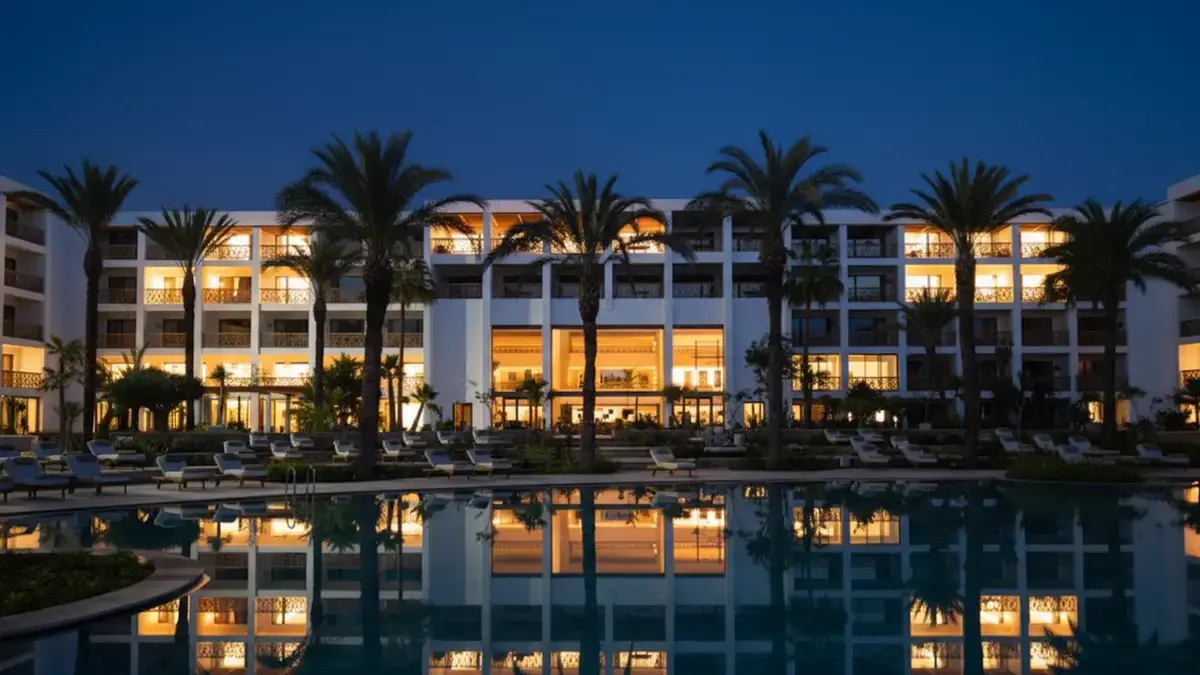 Façade d’un hôtel à Agadir éclairé au crépuscule, palmiers et piscine miroir au premier plan.