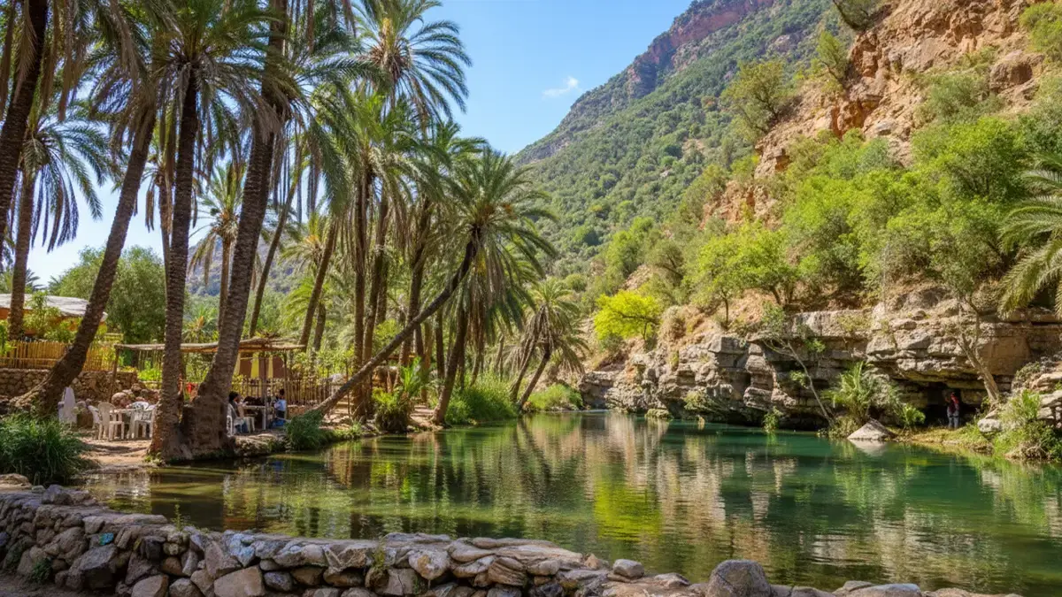 Vallée du Paradis près d’Agadir avec bassins turquoise, palmiers et roches ocres, cadre naturel idéal pour une balade rafraîchissante.