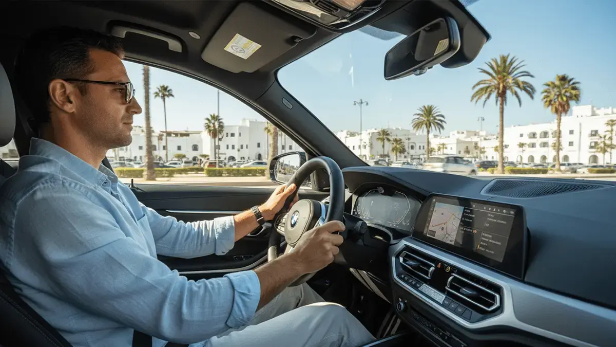 Location voiture Agadir : conducteur au volant d’un SUV moderne en centre-ville
